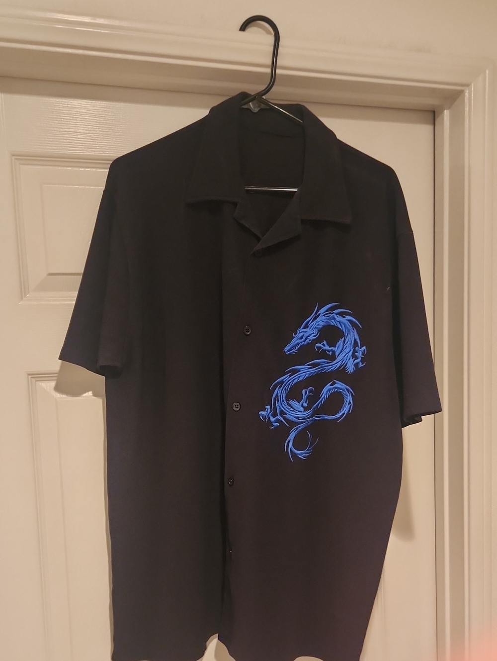 next Black Short-Sleeve Button-Down Shirt with Blue Dragon Print